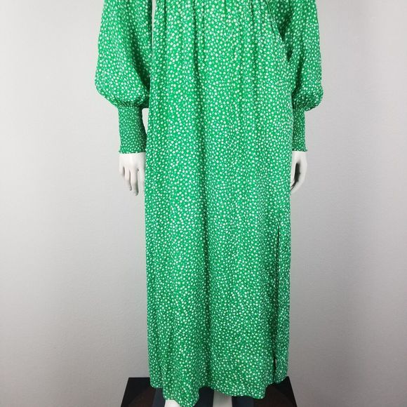 Rixo Marianne Green Micro Floral Smocked Prarie Silk Blend Midi Dress Size XXS - Picture 5 of 14